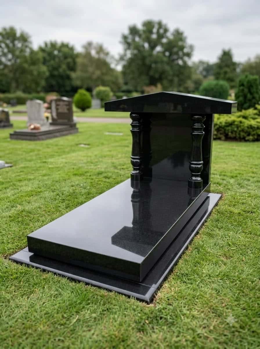 Jet black granite grave canopy on four turned pillars above a polished ledger slab